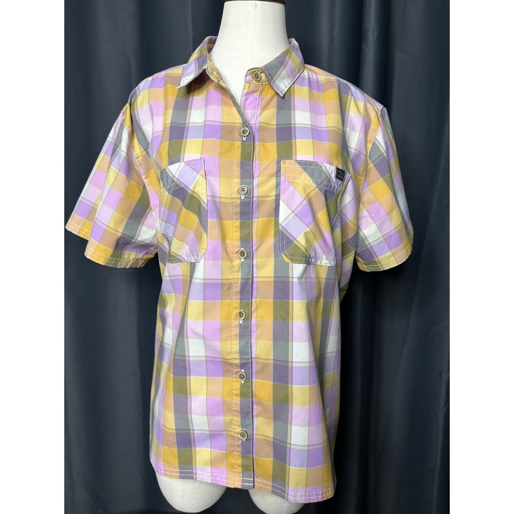 LL Bean Women's Plaid Purple Gray Yellow Button Up Polyester Outerwear Size L